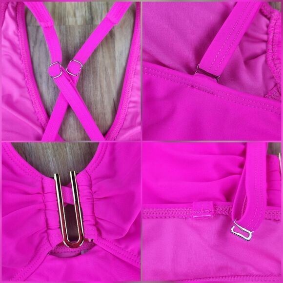 ⏭️NWT Neon Pink & Gold U-Buckle Adjustable Tankini Swim Top Medium - Picture 8 of 13